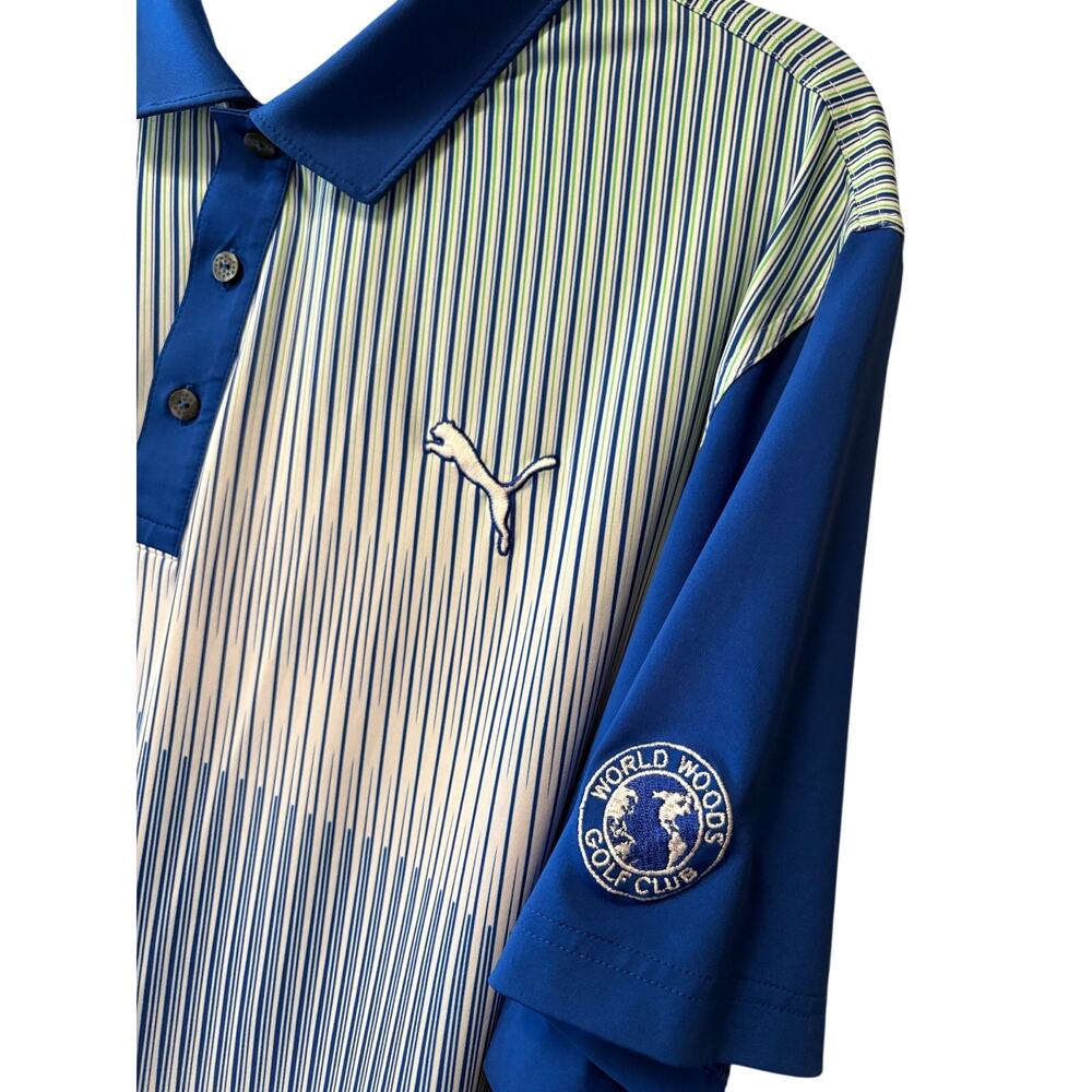 Puma Mens XL Blue Striped Powercool Golf Polo Shirt World Woods Golf Club - Picture 3 of 6